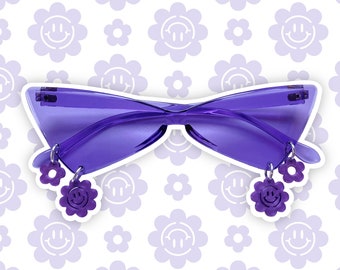 Double-Pierced Purple Acrylic Sunglasses w/ Smiley Flowers