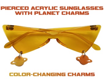 Pierced Acrylic Sunglasses with Planet Charms (Yellow/Orange)