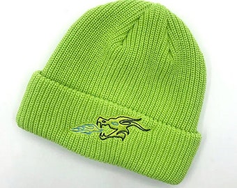 Lime Green Dragon Chunky Bubble Knit Beanie - Big Head/Hair Friendly!