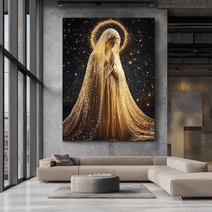 Virgin Mary Wall Art | Golden Catholic Printable | Holy Mother Digital Download | Christian Religious Decor | Spiritual Canvas Art