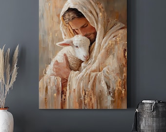 Jesus Hugging Lamb Canvas | Christian Wall Art | Good Shepherd Painting | Religious Home Decor Gift