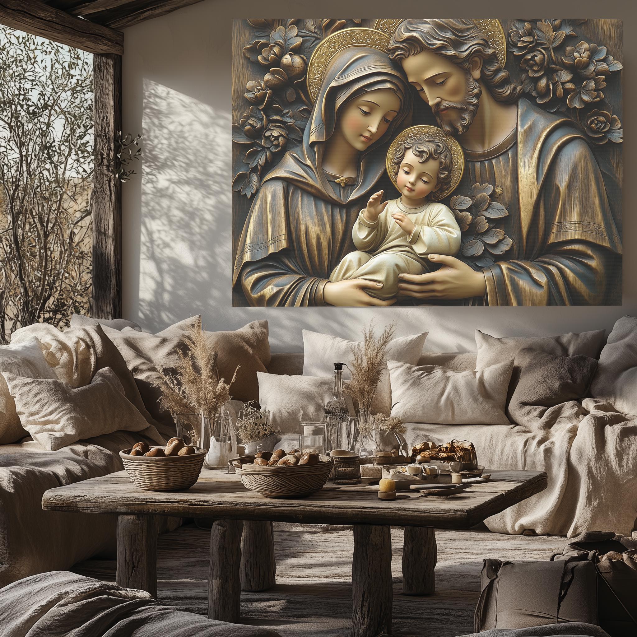 Holy Family Canvas Art: Wood Carved Style, Catholic Home Decor - Etsy