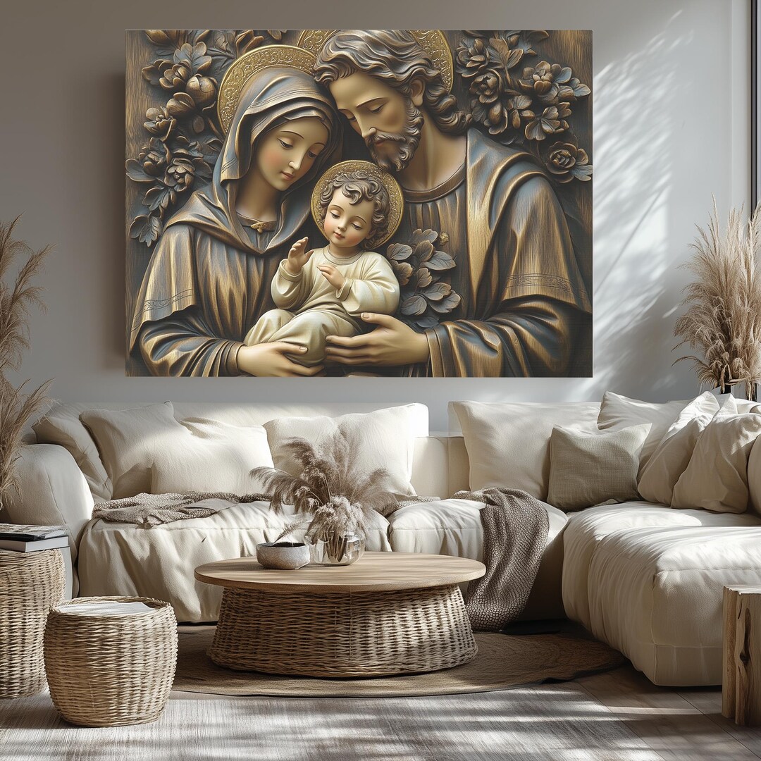 Holy Family Canvas Art: Wood Carved Style, Catholic Home Decor - Etsy