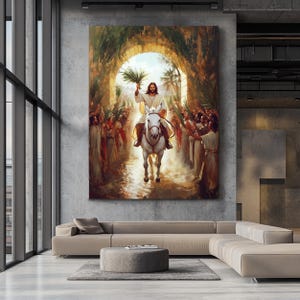 Palm Sunday Jesus Canvas Wall Art – Christian Religious Decor, Jesus Riding Donkey Print, Bible Scripture Artwork for Home or Church