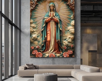 Our Lady of Guadalupe Icon, Virgin Mary Catholic Canvas Wall Art, Religious Home Decor