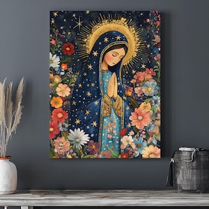 Our Lady of Guadalupe Floral Canvas Wall Art – Virgin Mary Catholic Poster Print for Christmas Decor, Religious Artwork Blessed Gift