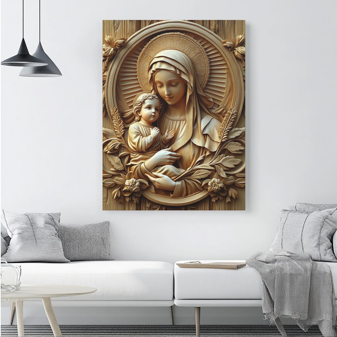 Virgin Mary and Baby Jesus Faux Wood Carved Canvas Wall Art - Religious ...
