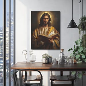 Jesus Christ Portrait Reading a Holy Book - Elegant Canvas Art with Golden Halo - Spiritual Home Wall Decor