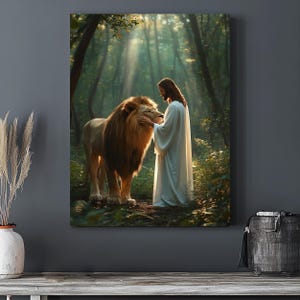 Jesus and Lion Wall Art – Christian Canvas Print, Faith and Strength Religious Decor, Spiritual Jungle Poster