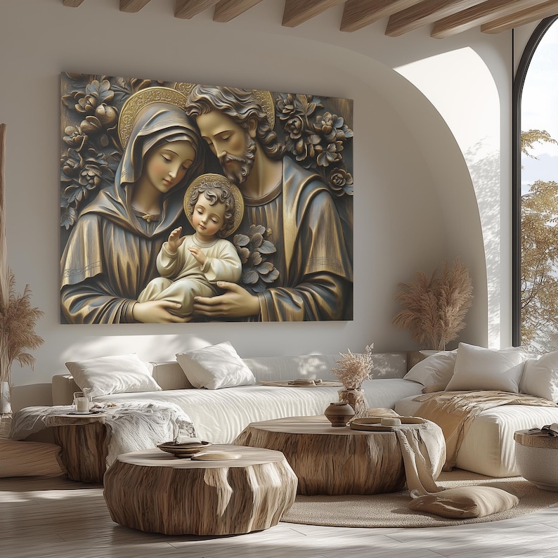 Holy Family Canvas Art: Wood Carved Style, Catholic Home Decor - Etsy