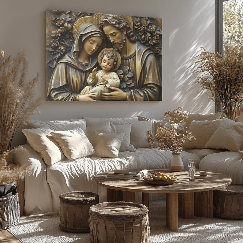 Holy Family Canvas Art: Wood Carved Style, Catholic Home Decor - Etsy
