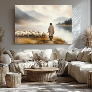 Jesus Leading Sheep Canvas Wall Art | Peaceful Christian Decor | Faithful Shepherd Pastoral Print