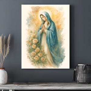Watercolor Virgin Mary Wall Art - Catholic Blessed Mother Printable Poster, Marian Religious Home Decor, Christian Floral Art Print