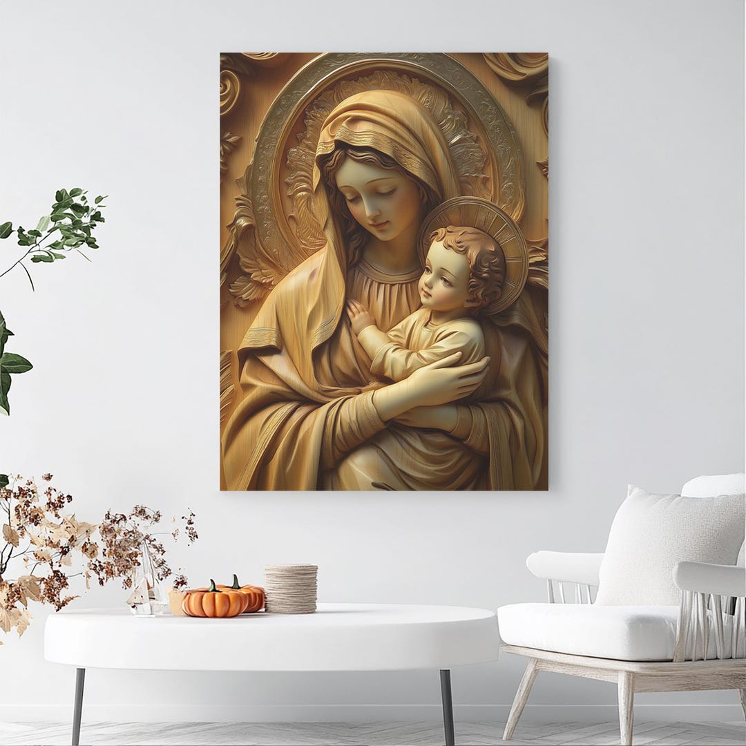 Virgin Mary and Baby Jesus Wooden Carving Style Canvas Print - Catholic ...