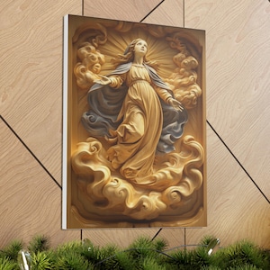 Assumption of Mary Canvas Art: Wood-Tone Religious Decor