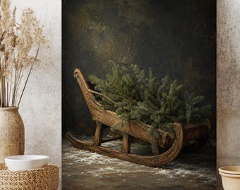 May include: A rustic wooden sled filled with lush green pine branches sits on a dark, weathered wooden surface. The sled features a curved runner design and a deep brown wood grain finish, set against a dark, textured, moody background.