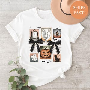 Vintage Halloween Shirt with Bows – Retro Pumpkin Ghost Cat Tee – Cute Skeleton Hand Fall Shirt – Spooky October T-Shirt