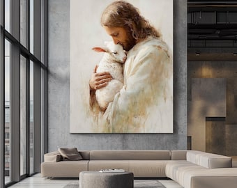 Jesus Christ Good Shepherd Canvas Wall Art, Jesus Holding Lamb Painting, Christian Faith Artwork, Religious Home Decor