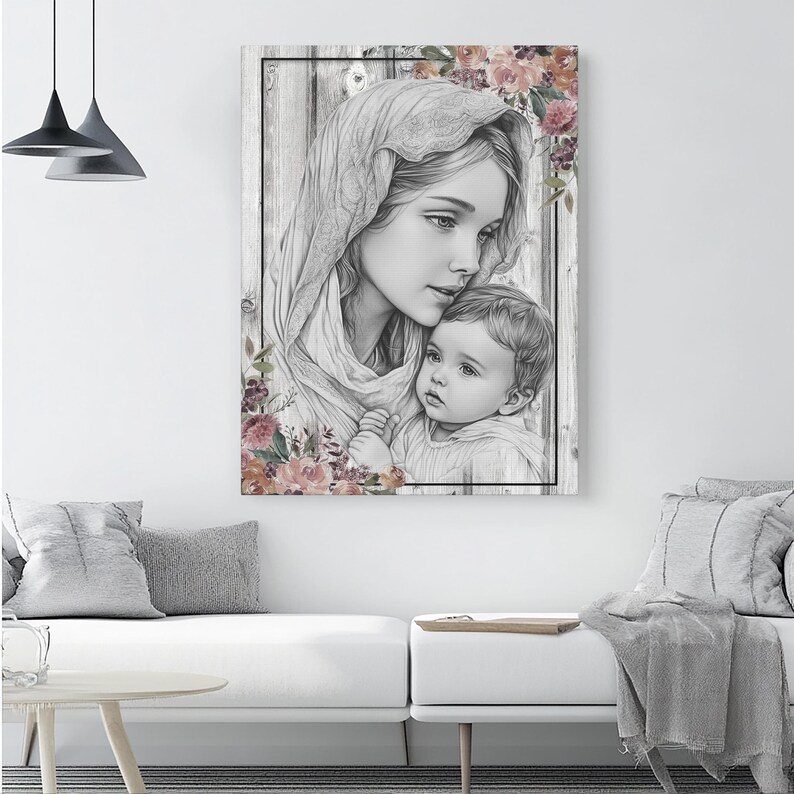 Mother Mary and Baby Jesus Canvas Wall Art - Floral Religious Home ...