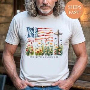 One Nation Under God Shirt - Christian Patriotic Floral Tee - American Flag Cross Shirt - 4th of July Faith Shirt for Men and Women