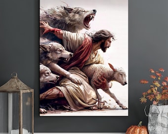 Jesus Protecting the Lamb Canvas - Christian Wall Art, Faith and Strength Decor