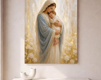 May include: A vertical wall art print depicting a woman in a light blue and white robe holding a sleeping infant. The figures are surrounded by gold leaf accents and white floral motifs against a soft, textured, cream-colored background.