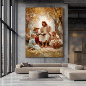 Jesus Teaching Children Wall Art, Christian Religious Painting, Bible Story Canvas Print, Inspirational Home Decor, Gift for Believers