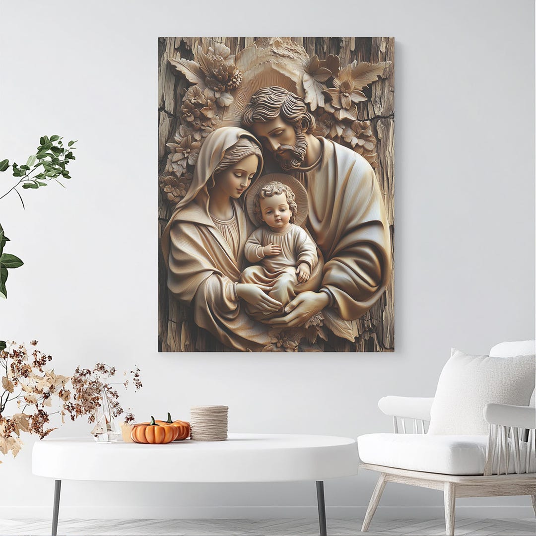 Holy Family Canvas Wall Art: Wood Carving Style, Christian Home Decor ...