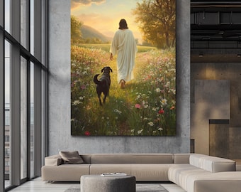 May include: A painting of a person in white robes walking through a field of flowers with a black dog following behind.