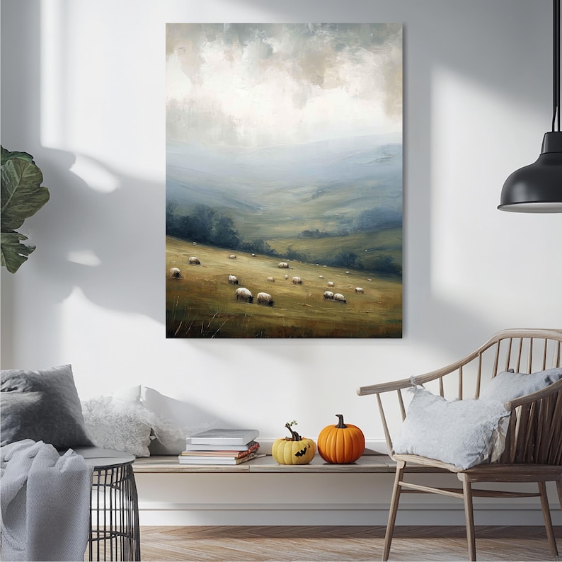Sheep Meadow Landscape Canvas Wall Art, Peaceful Pasture Painting ...