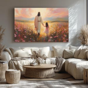 Jesus Walking with a Child Canvas Wall Art | Christian Home Decor | Inspirational Religious Painting | Canvas Print