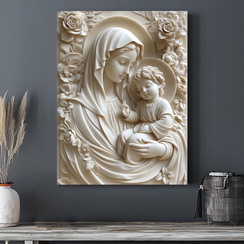 Virgin Mary and Baby Jesus Relief Art: Catholic Canvas Wall Decor - Etsy