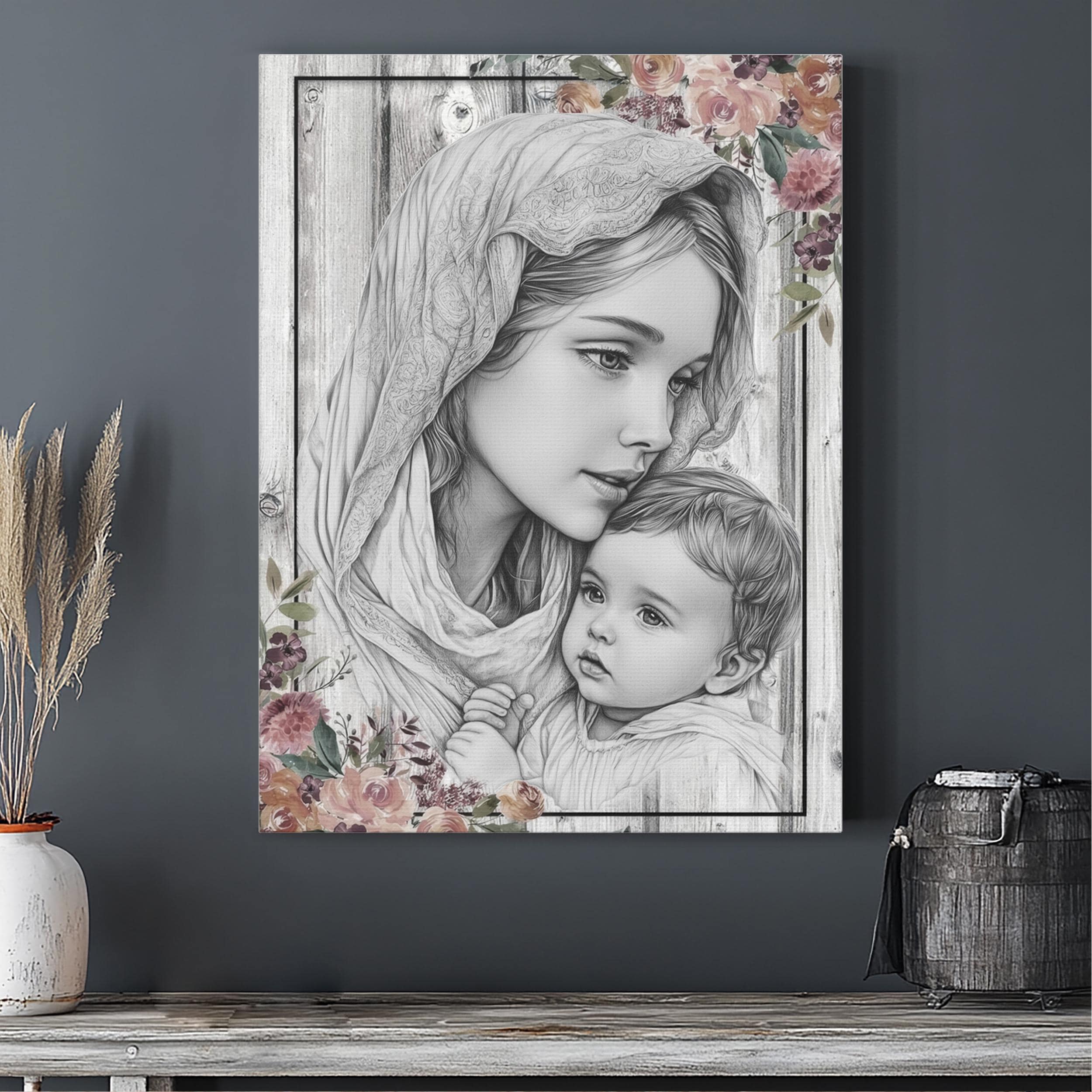 Mother Mary and Baby Jesus Canvas Wall Art - Floral Religious Home ...