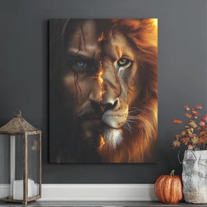 Lion of Judah Wall Art – Jesus and Lion Face Fusion Canvas Print, Christian Home Decor, Spiritual Strength Artwork