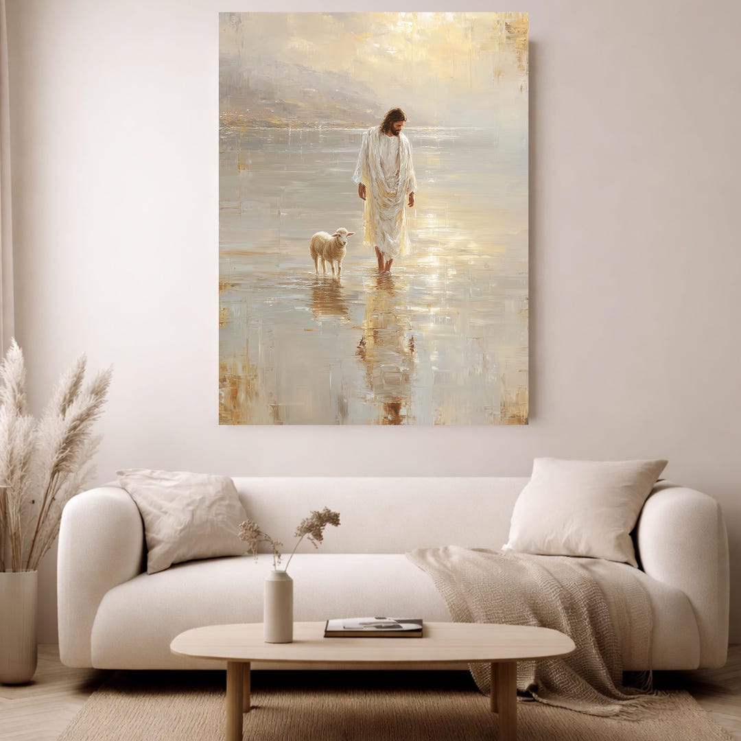 Jesus Good Shepherd Canvas Wall Art - Minimal Christian Painting ...