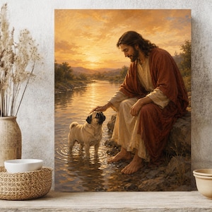 May include: A rectangular wall art print depicting a figure with long brown hair and a beard, wearing a tan tunic and a rust-colored robe, sitting on a rock by a river at sunset, gently petting a small fawn-colored pug standing in the water.