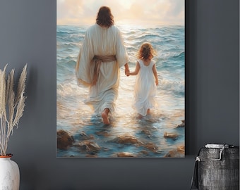 May include: A painting of a man and a young girl walking on a beach. The man is wearing a white robe and the girl is wearing a white dress. The water is blue and the sky is light blue. The sun is shining brightly.