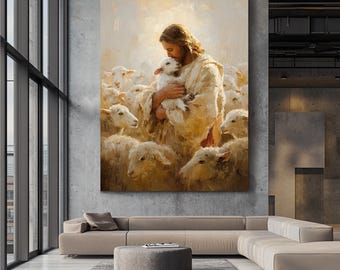 Jesus Holding Lamb Canvas Wall Art, Good Shepherd Christian Painting, Religious Faith Artwork, Jesus With Sheep Home Decor