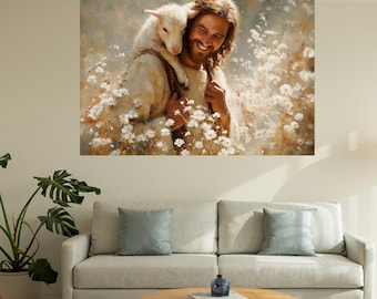 Jesus Smiling with Lamb Canvas: Good Shepherd Religious Wall Art