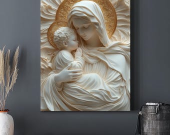 Madonna and Child Bas Relief Canvas: Sacred Mother Mary Religious Wall Art