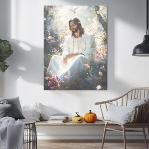 Jesus in a Peaceful Garden Canvas Wall Art - Inspirational Christian Home Decor with Flowers and Dove