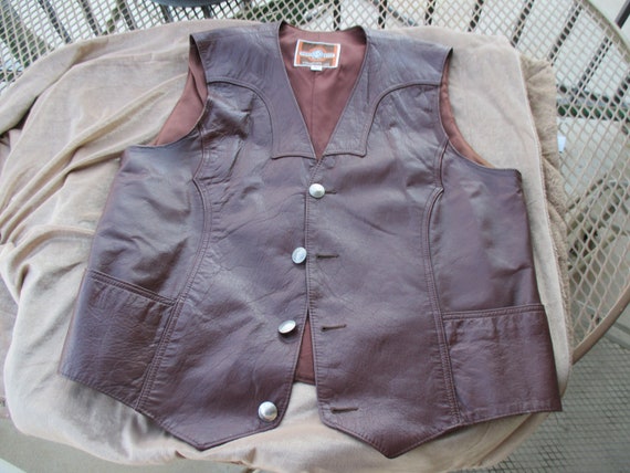 Vintage Pioneer Wear Brown Leather Vest with Buff… - image 1