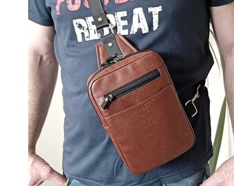 Leather Sling Bag Men, Chest Bag, Vegan Leather Crossbody Bag with Adjustable Shoulder Strap, Mens Travel Crossbody Phone Bag, Utility Bag