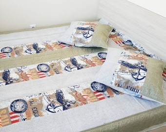 Quilted bedspread king size, Set Nautical Patchwork Quilt Coverlet, Nautical Twin Quilt, Quilt Top, Twin Size Quilt