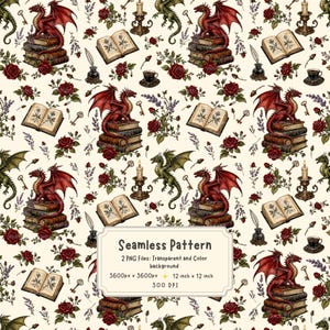 Motif sans couture de dragon, papier numérique Dark Academia, motif textile fantasy littéraire, papier peint à motifs botaniques gothiques vintage, design POD