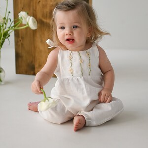 Rose flowers linen romper, white cotton/linen toddler overalls, organic baby hand embroidered outfit, ranunculus hand embroidery romper image 4