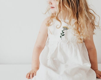 Girl linen dress with hand embroidered flower, Valerian flower white toddler dress, heirloom girl birthday outfit, boho style girl dress