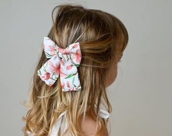 Elegant Large and Midi Linen Hair Bow with Magnolia Flower - Hair clip Flower Magnolia