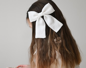 100% Linen big bow for girls and woman, Large hair bow, woman hair accessory, mother daughter hair styling set, bow on alligator clip