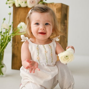 Rose flowers linen romper, white cotton/linen toddler overalls, organic baby hand embroidered outfit, ranunculus hand embroidery romper image 2